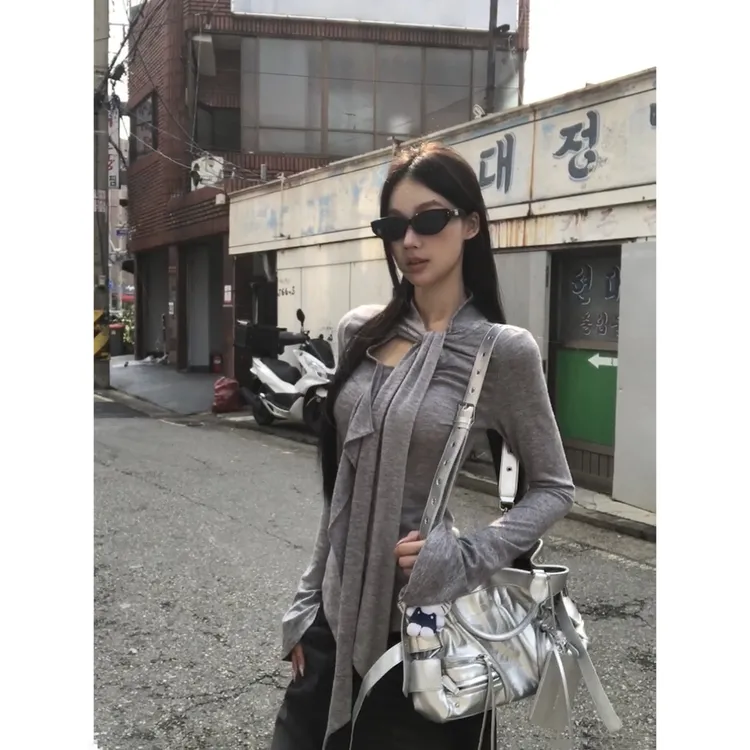 新款韩版高级设计感长袖T恤修身显瘦纯欲慵懒风百搭上衣女
