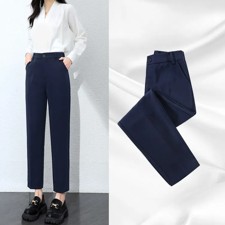 藏青色西裤女春秋薄款大码职业工作裤高腰直筒九分黑色西装烟管裤