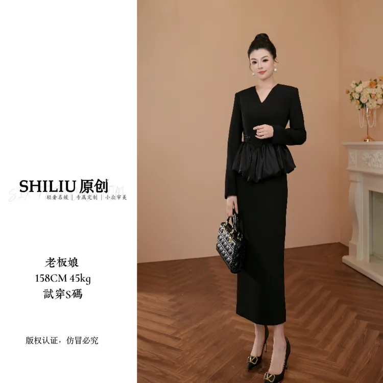 【十六定制】法式名媛时尚黑色拼接修身气质V领收腰连衣裙45062