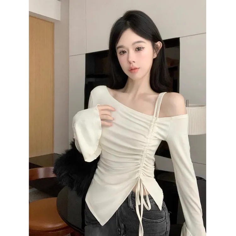 Not defined大码微胖纯欲风露肩长袖T恤女秋季不规则修身显瘦上衣