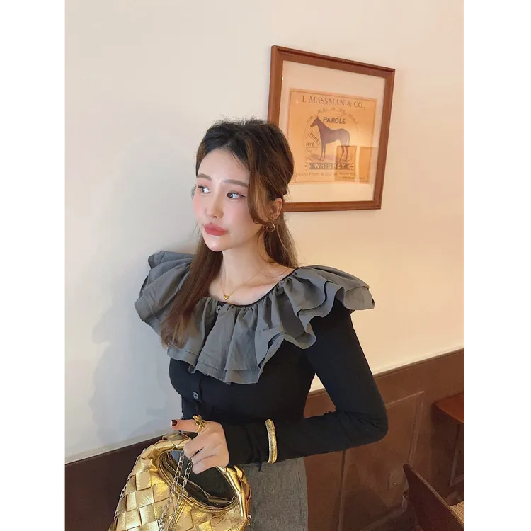 智英欧尼 双层荷叶边~【韩系百搭上衣秋冬女装禅意仙气飘飘显瘦】