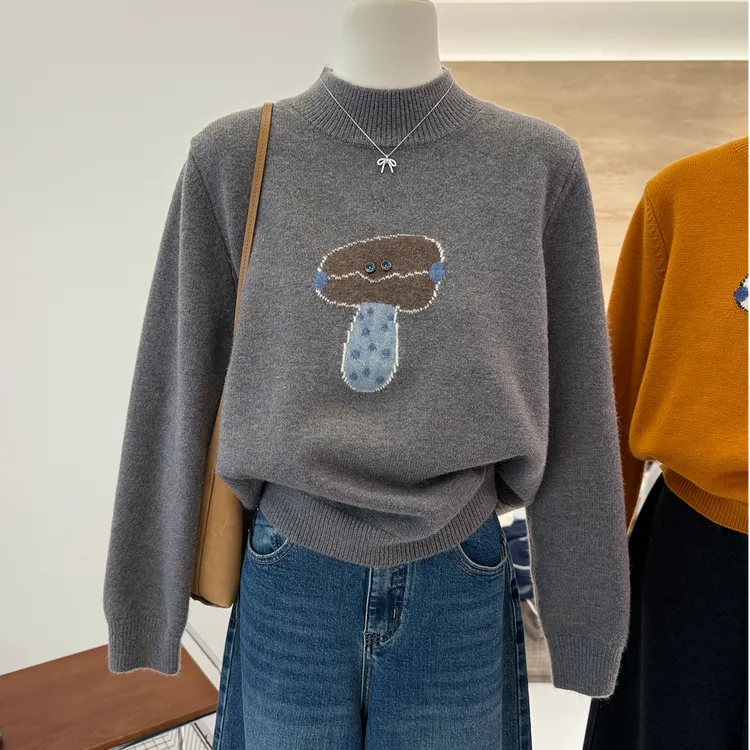 【80-200斤】卡通提花毛衣女秋冬半高领减龄上衣宽松显瘦针织小衫潮