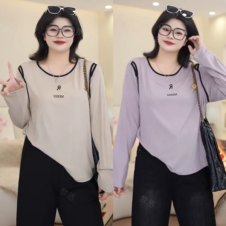梦丞-冬季大码女装胖mm镂空露肩字母印花长袖休闲针织T恤上衣