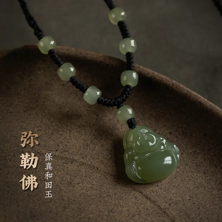 正品和田玉项链大肚佛公弥勒佛平安编织黑绳女锁骨链闺蜜吊坠礼物