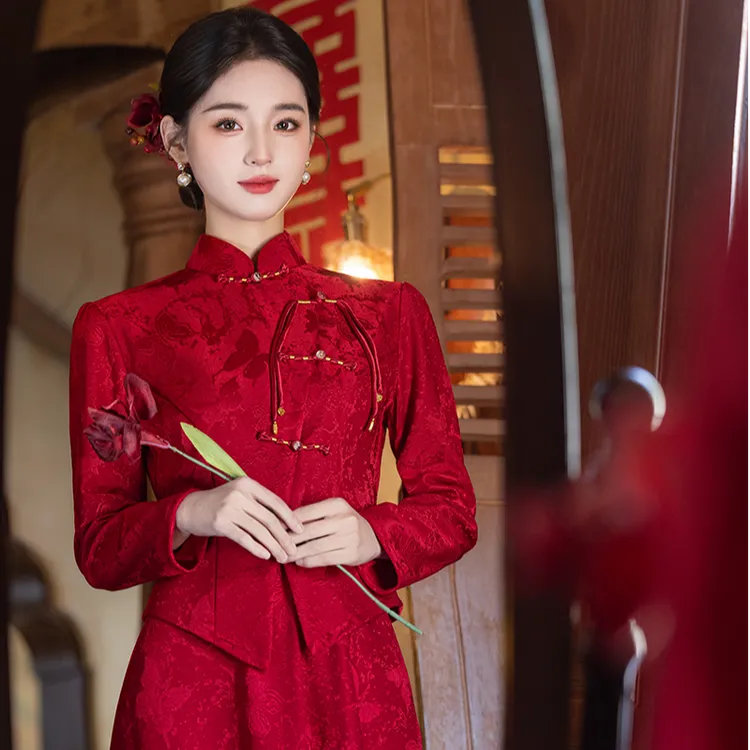 春秋婚礼立领2件套夏季气质旗袍显瘦连衣裙