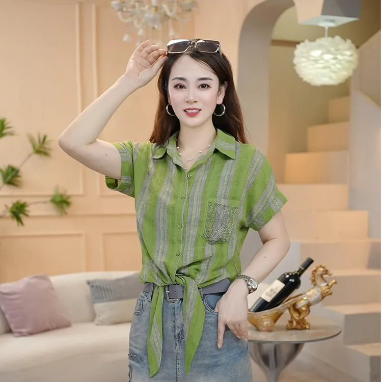 夏季新款复古轻奢短袖衬衫女港味设计感小众打结宽松上衣夏5806