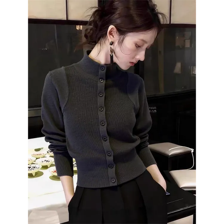 高级感深灰色高领毛衣女士初冬内搭短款超好看针织衫掐腰打底上衣