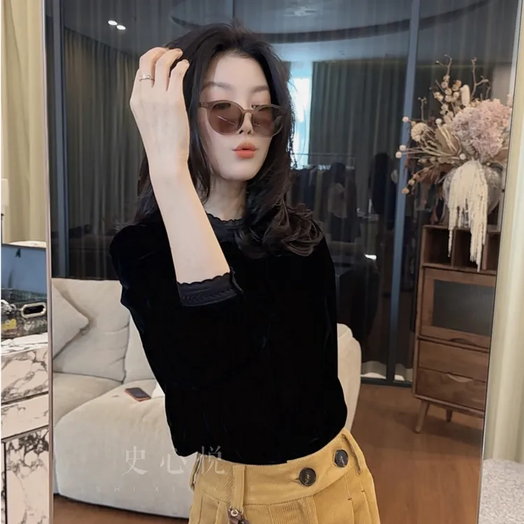 【悦悦专属】设计感领子精致绣花丝绒百搭衬衣Y1203