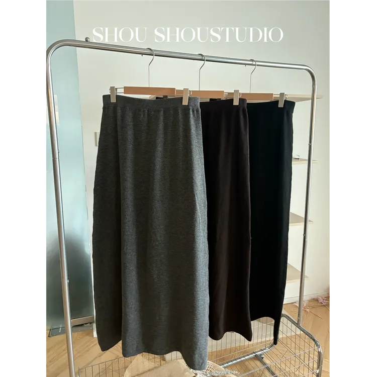 【FANFAN】大码羊毛高腰宽边松紧腰百搭显瘦简约针织半身裙S02291