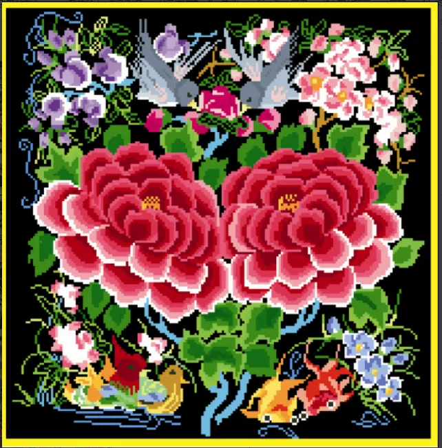 两朵花系列正品青苹果背带十字绣满绣三股线绣中格绣布