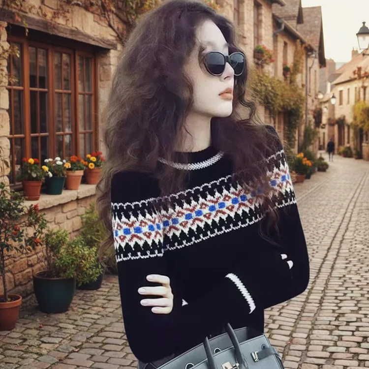 复古费尔岛风提花软糯套头毛衣女秋冬新款修身设计感小众针织上衣