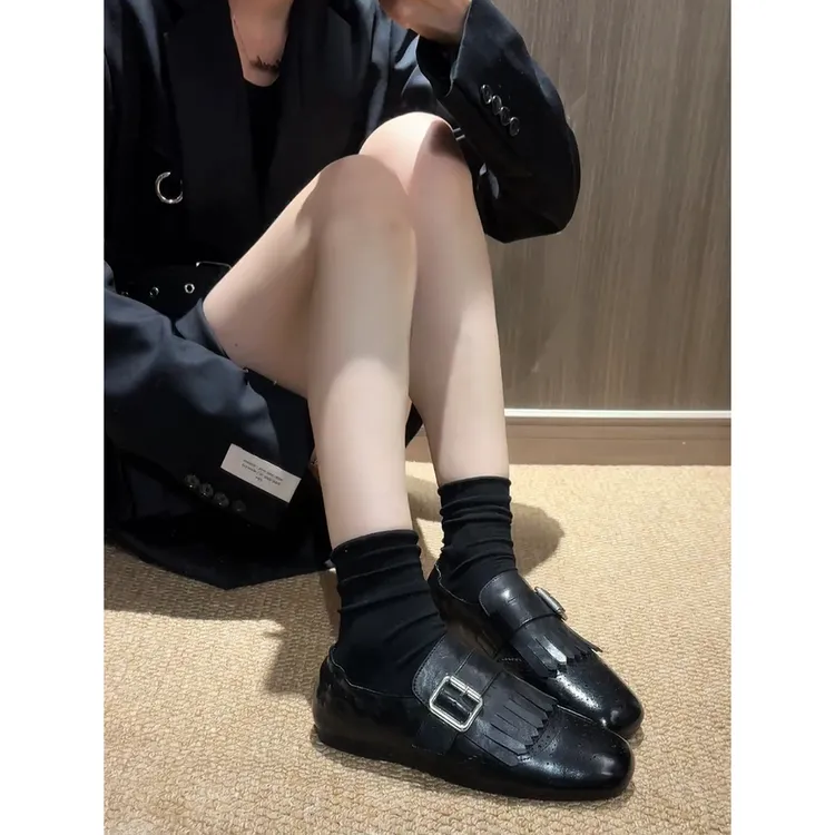 {茵茵家}头层小牛皮布洛克雕花流苏单鞋复古平底乐福鞋英伦风皮鞋