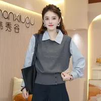 2025秋季新款韩版时尚百搭假两件洋气显瘦外穿针织衫女上衣B018