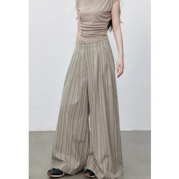 法式复古褶皱条纹阔腿裤女夏季新款时尚高腰宽松垂感拖地长裤