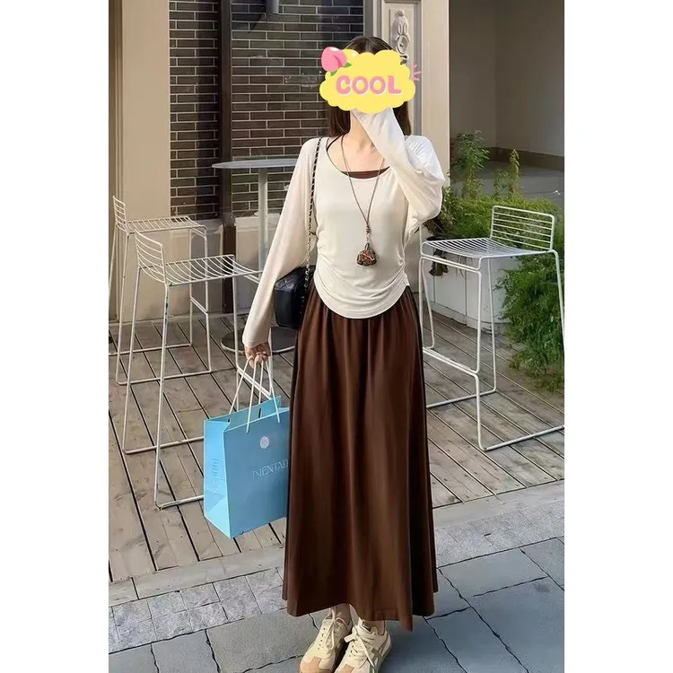 大码慵懒风挂脖吊带长袖罩衫高腰半身裙三件套女2106#