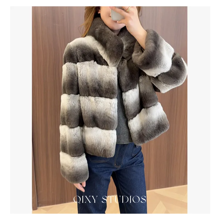 QIXIAOYAO.皮草丝绒青紫蓝兔皮毛一体皮草外套冬季新#BHYCH6609