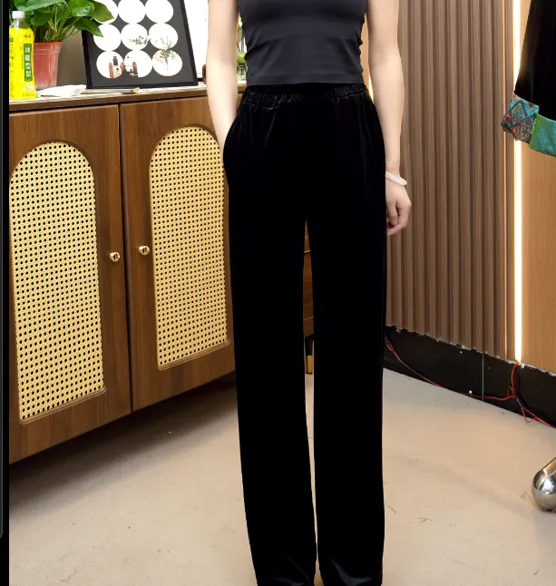 新中式直筒裤时尚休闲裤丝绒女秋季黑色长裤