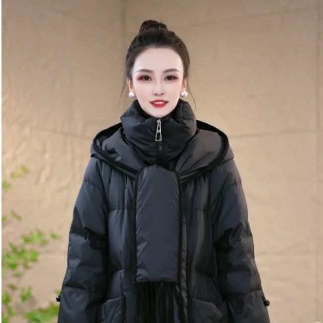 冬季设计感围巾连帽优雅百搭白鸭绒休闲女士轻薄宽松羽绒服M-XL