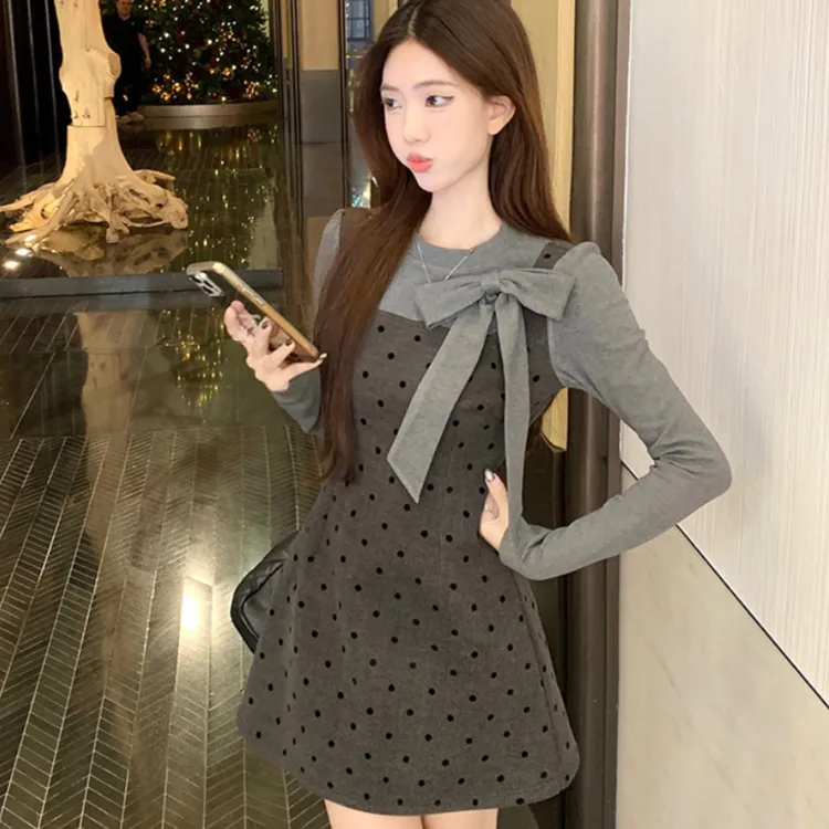 韩系甜美气质假两件拼接蝴蝶结波点连衣裙秋季收腰显瘦长袖A字裙