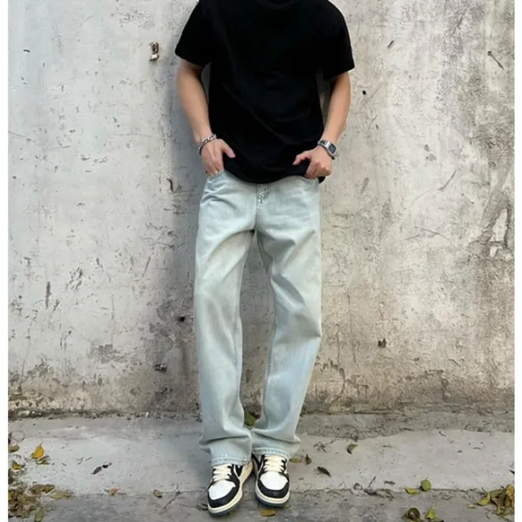 做旧水洗牛仔裤男士薄款秋季美式高街显瘦阔腿直筒长裤子微弹舒适