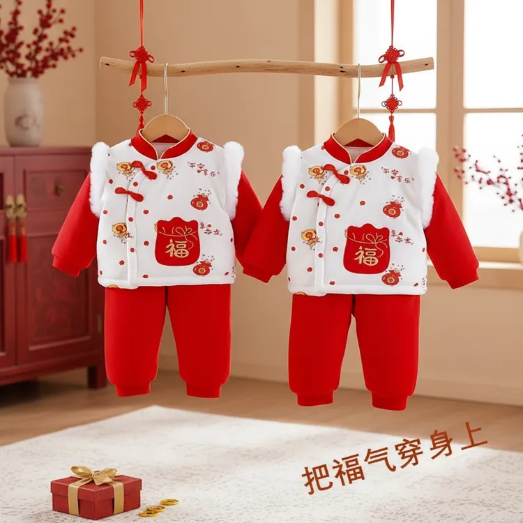 宝宝红色套装新年拜年服180克夹棉冬季棉服百日周岁礼服宝宝棉服