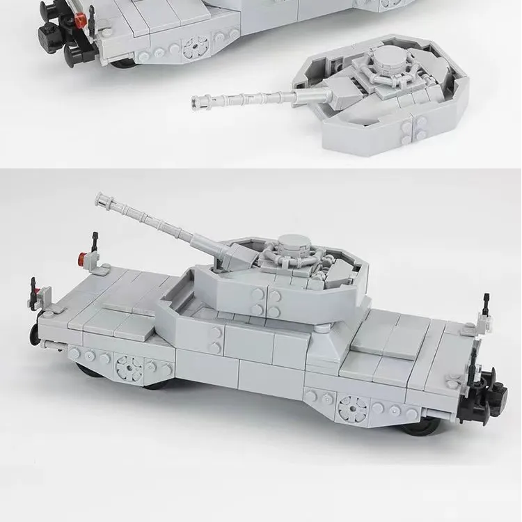 仿真轨道火车重火力防控坦克军工列车装甲运输拖车小颗粒拼装积木