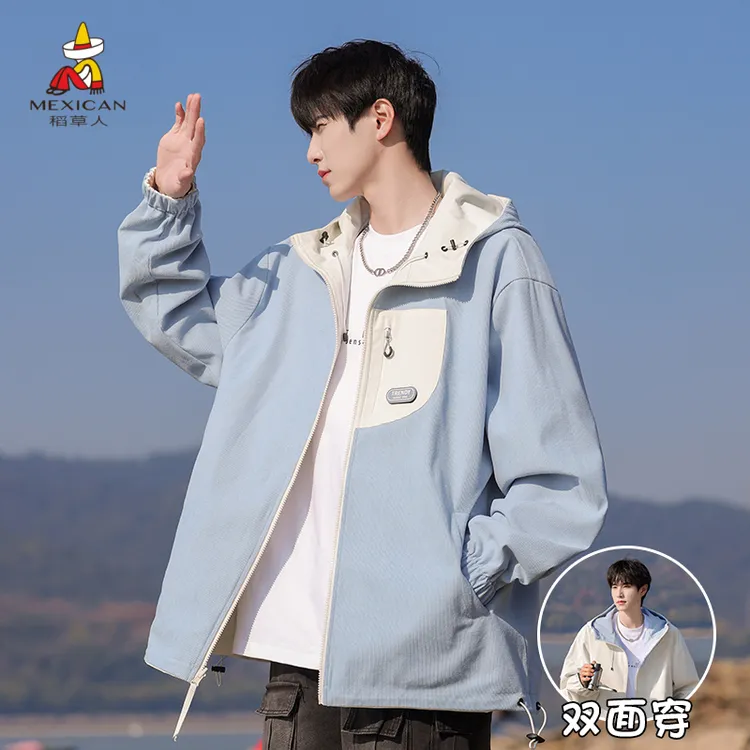 Mexican/稻草人情侣透气春季夹克薄款连帽外套运动本布下摆开门襟