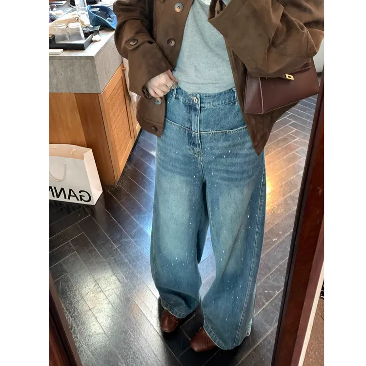 【NAZ瑶瑶微胖大码定制】百搭显瘦直筒高腰烫钻牛仔裤