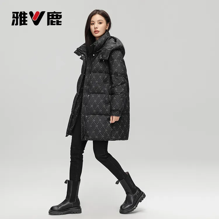 V/雅鹿印花时尚可拆帽90%白鸭绒羽绒外套休闲加厚女款冬季