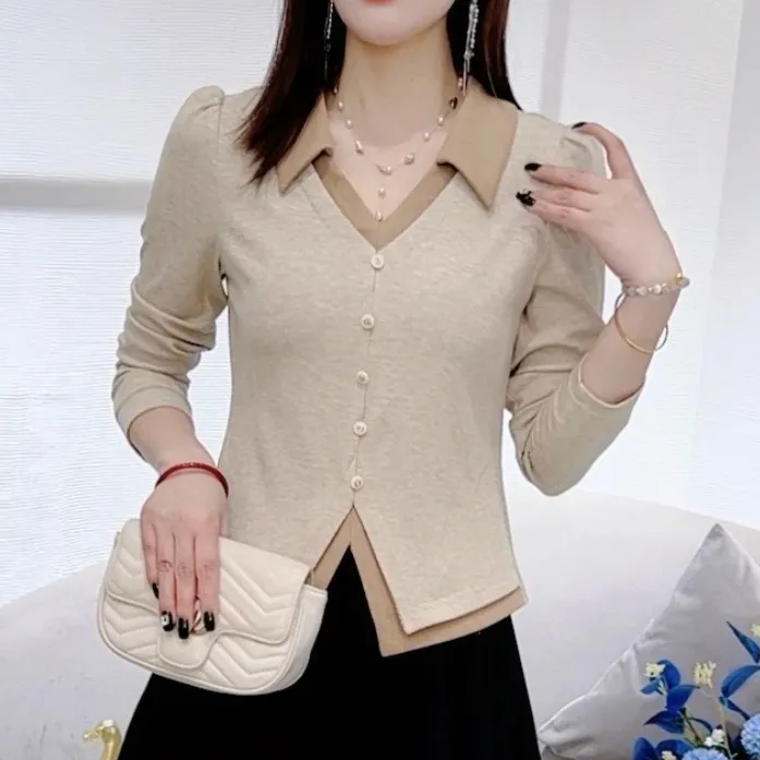假两件长袖秋季v领撞色减龄新款小香风针织显瘦T恤女修身百搭上衣