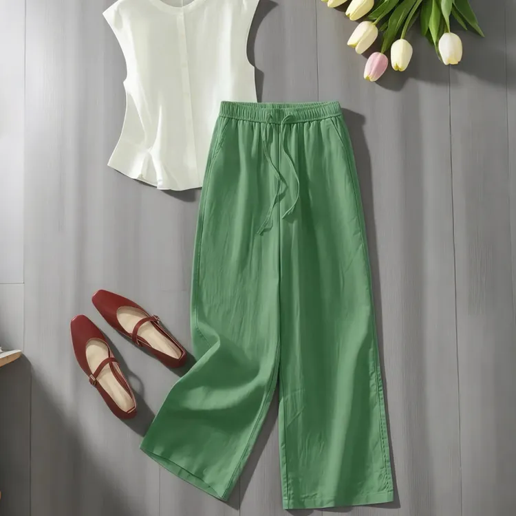 森林绿亚麻阔腿裤女夏薄款2025新款休闲垂感九分裤天丝抗皱棉麻裤