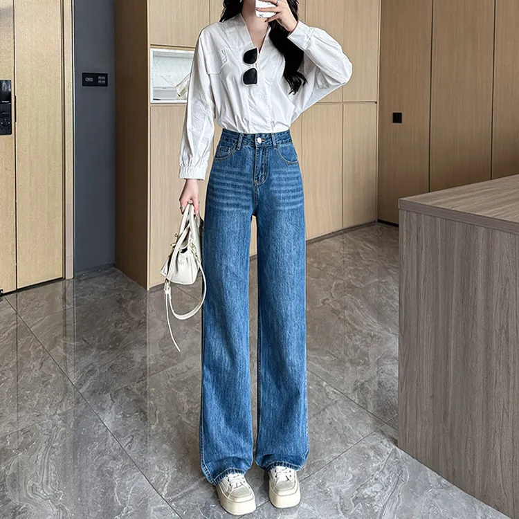 复古蓝高腰阔腿牛仔裤女2025春秋新款宽松窄版直筒显瘦垂感拖地裤