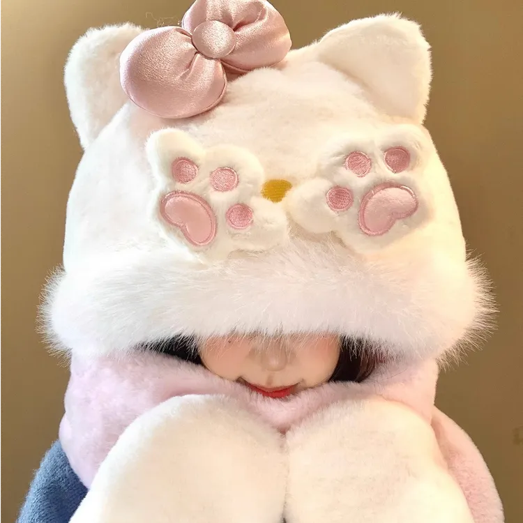 可爱小猫爪蝴蝶结毛绒帽子围巾手套一体女粉色保暖冬季防寒帽子