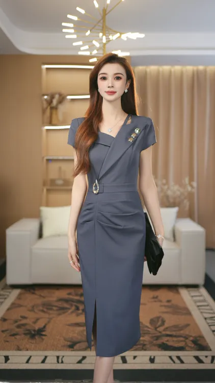 罗曼定制 高定原创深灰色高级感收腰包臀连衣裙女褶皱气质2025