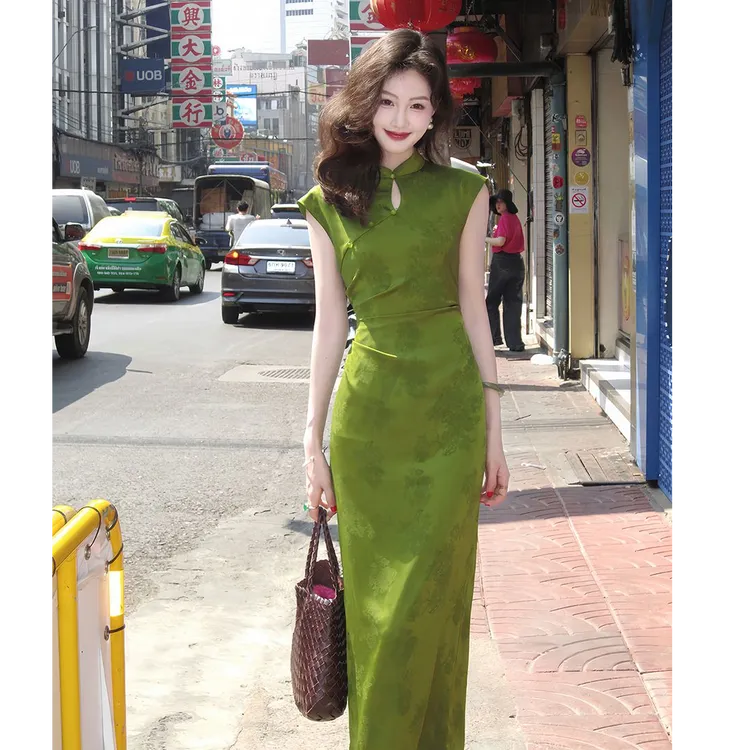 【9373】改良旗袍新中式国风连衣裙设计感小众褶皱显白修身提花长裙