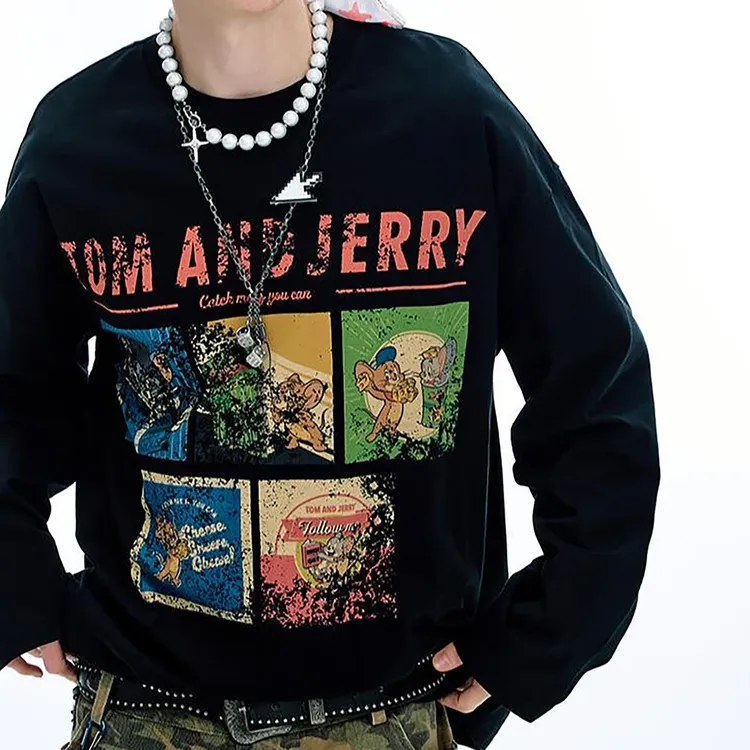 高级感猫和老鼠印花长袖t恤男女夏季情侣宽松版型男士印花T恤