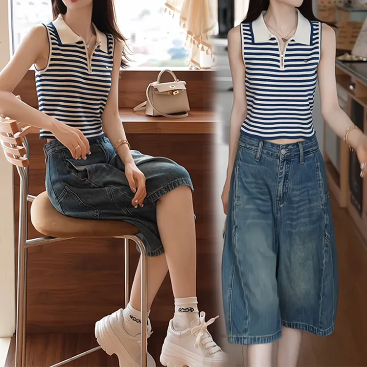 2025夏季流行爆款洋气条纹无袖翻领针织上衣牛仔六分裤两件套装女