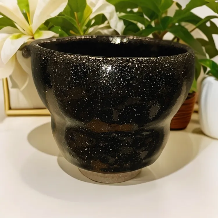 柴烧手工建盏厚胎〖乌金葫芦公道杯〗规格9*8.8重402g黑色复古陶瓷