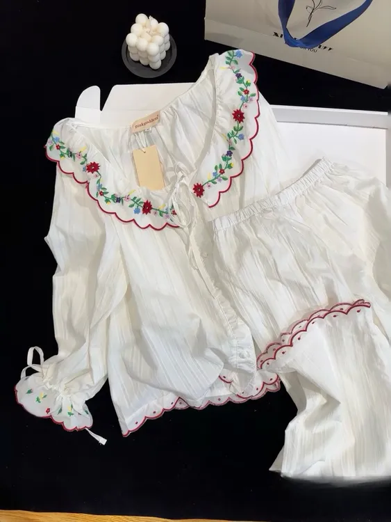 法式甜美复古刺绣花卉睡衣女2025春夏季白色花边长袖长裤套装外穿