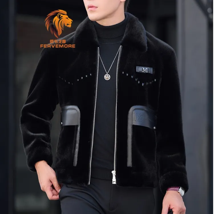 费韦戈摩时尚保暖水貂毛领皮毛一体皮草男士短款修身整貂皮夹克衫