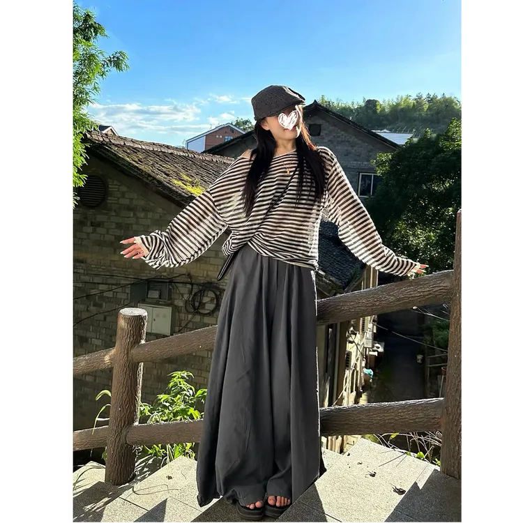 2025夏季新款韩系条纹长袖T恤宽松女+休闲慵懒风阔腿裤两件套装