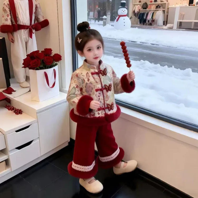 【马年拜年服】女宝国风秋冬款套装儿童女孩加绒加厚女童喜庆周岁礼