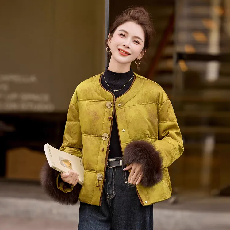 新中式国风提花圆领棉服女短款毛袖蝴蝶结扣保暖减龄外套