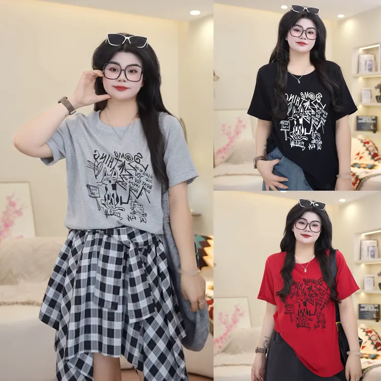 梦丞-夏季大码女装胖mm圆领猫咪字母印花上衣设计感百搭短袖T恤