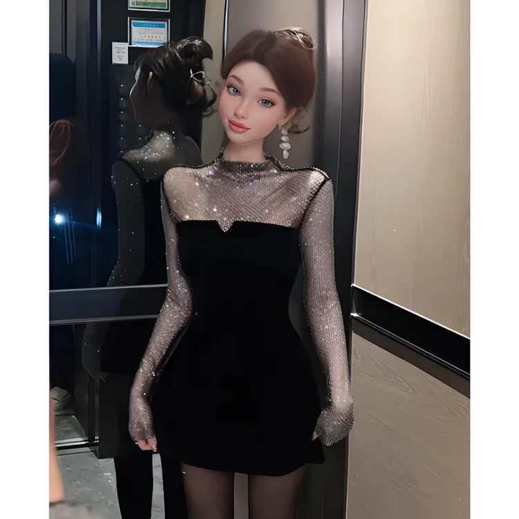 秋冬时尚气质耀眼满钻女装闪闪连衣裙黑色性感显瘦丝绒打底短裙女