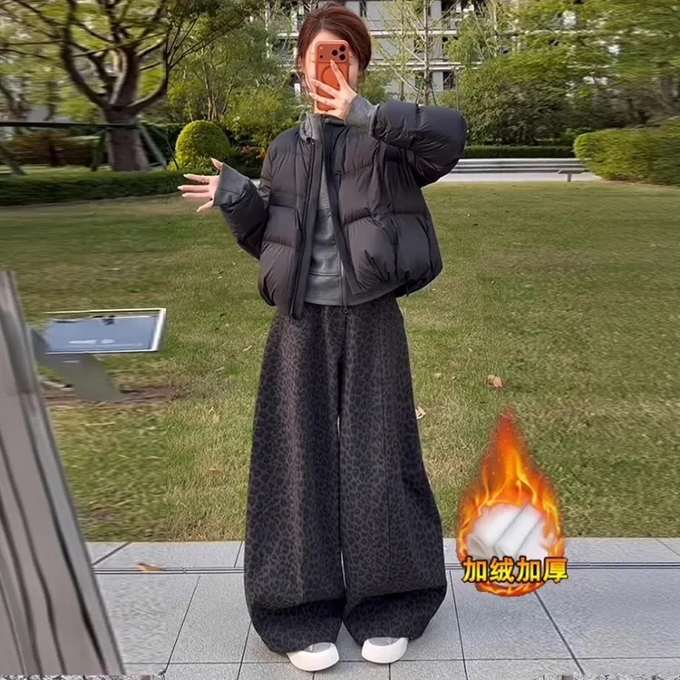 时尚套装女2025冬季新款洋气加厚棉衣外套加绒豹纹阔腿裤两件套潮