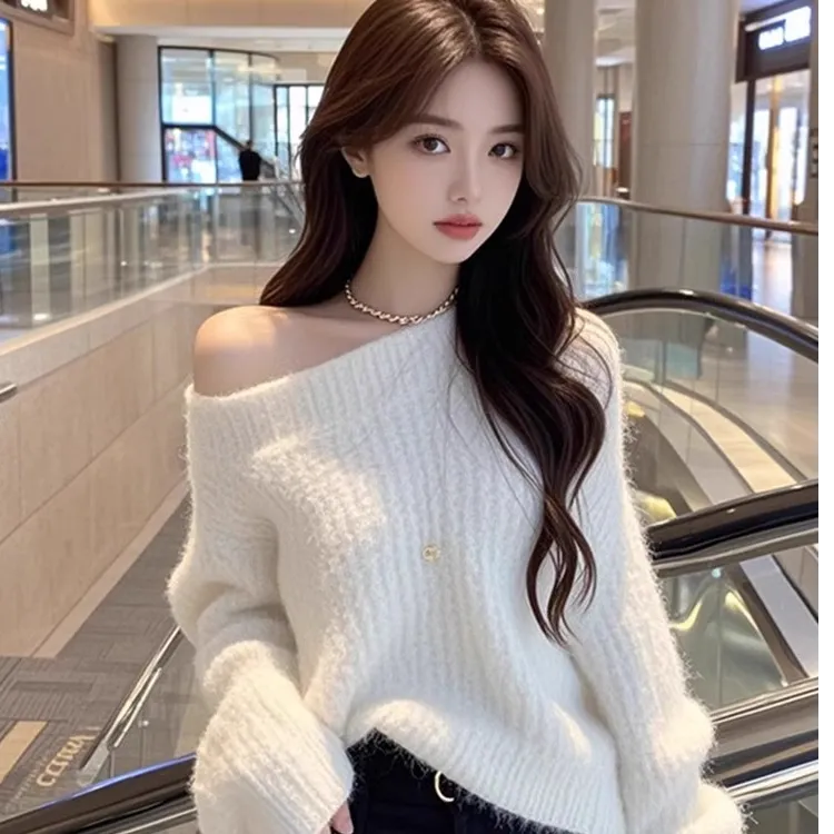 纯欲辣妹斜领针织衫女冬季时尚露肩软糯毛衣慵懒风氛围感内搭上衣