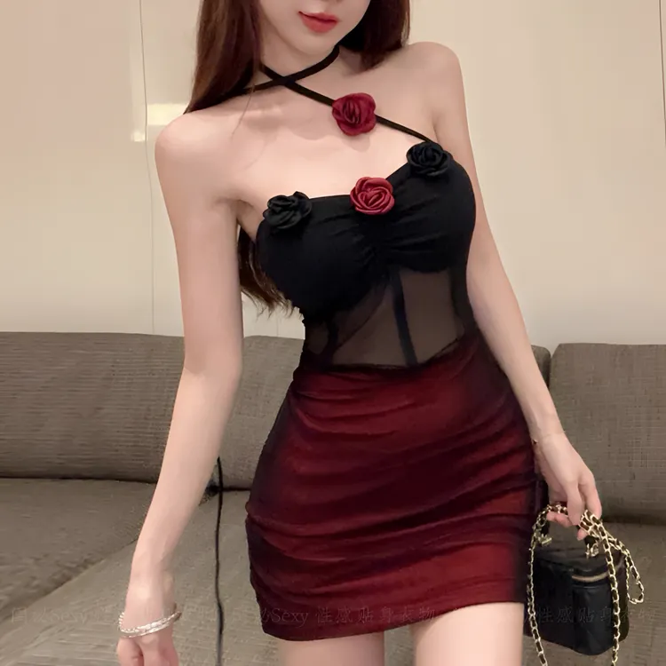 夜宴【80-170】网纱花朵鱼骨吊带连衣裙女御姐风辣妹包臀裙挂脖抹胸