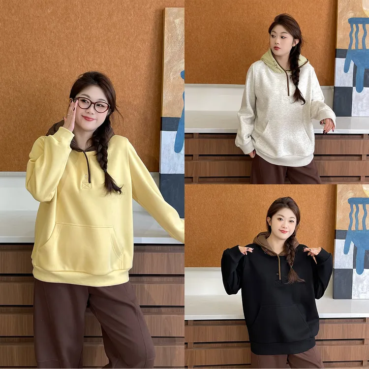 裂渡宣宣【秋日来信】微胖大码女秋时尚百搭撞色棉帽卫衣ZY509A01