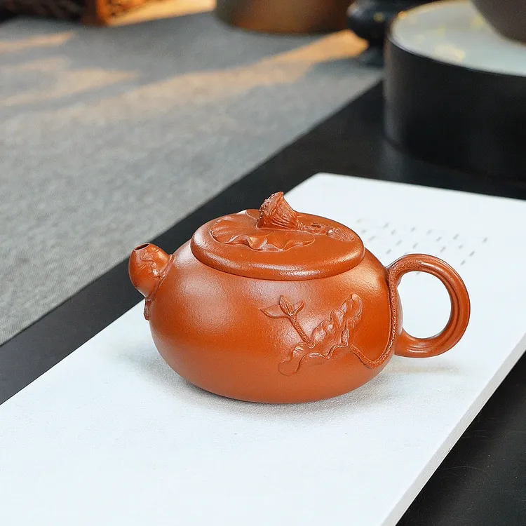 宜兴手工手制紫砂精美茶具  小红泥  《莲韵》  220毫升